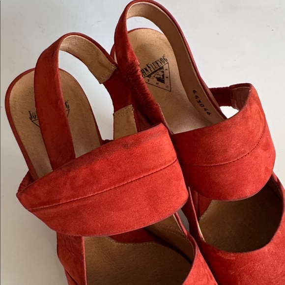 John Fluevog On Board Starboard Red Orange Suede Slingback Heel Sandals size 9.5 - Picture 4 of 11